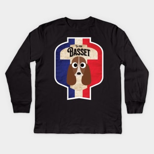 Basset Hound Dog - Distressed French Tricolore Basset Beer Label Design Kids Long Sleeve T-Shirt